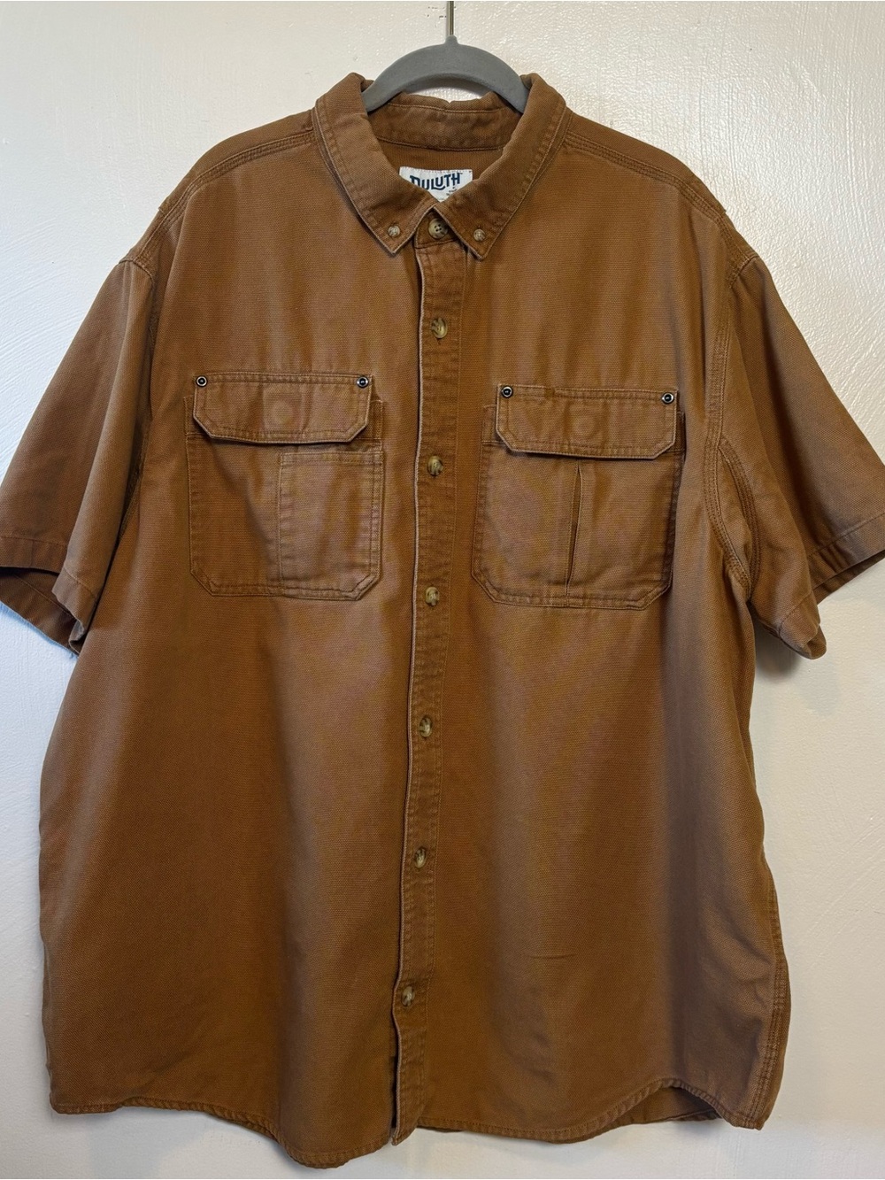 Duluth Trading Co Men's Workwear Shirt Short Sleeve Button Down Cotton Brown 2XL